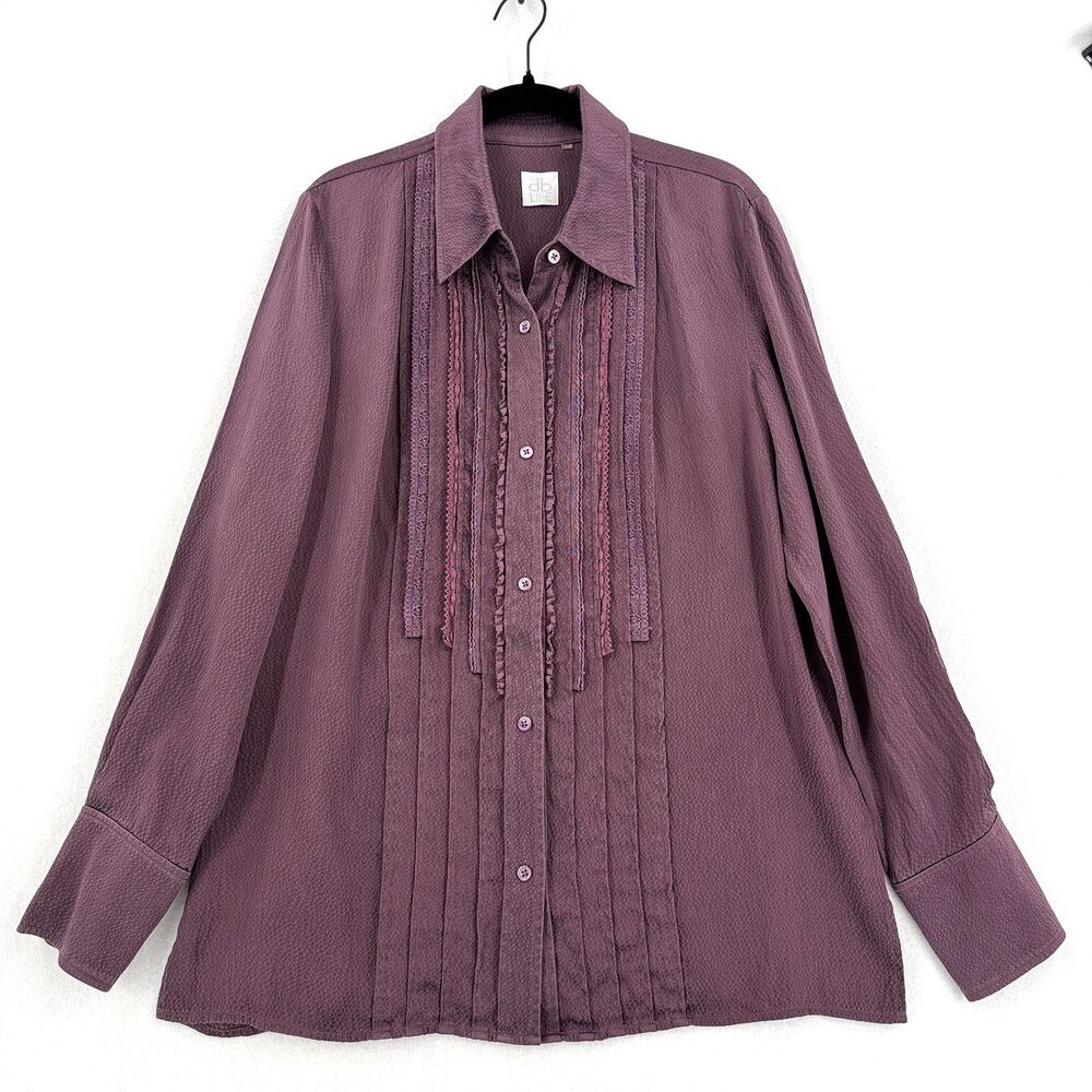 DB Life Silk Blouse Women L Purple Plum Pintuck Lace Button Down Romantic Boho